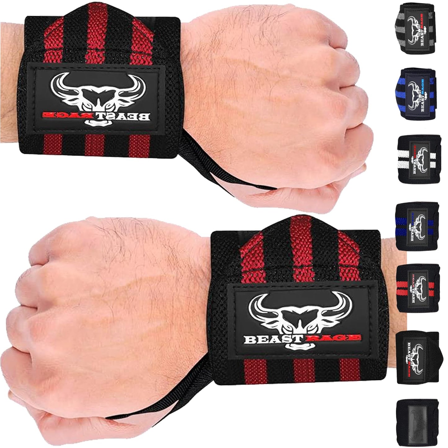 BEAST RAGE Weight Lifting Wrist Wraps Muscle Building Performance Training Gym Exercise Fitness Straps Thumb Loop Support Stretchable Cotton Bandage Brace Training Cuff (Black/Red)