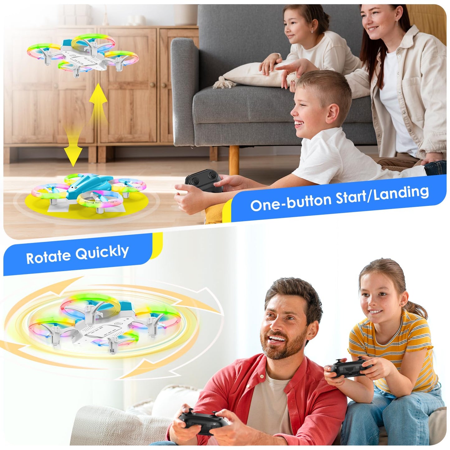 Lisoco Drone, Mini Drone for Kid and Beginner with Led Light, Small Indoor Rc Drone with 360 Flip, 2 Batteries, One Key Take Off Landing, Kids Flying Toy Gift for Boy and Girl（Light Blue)