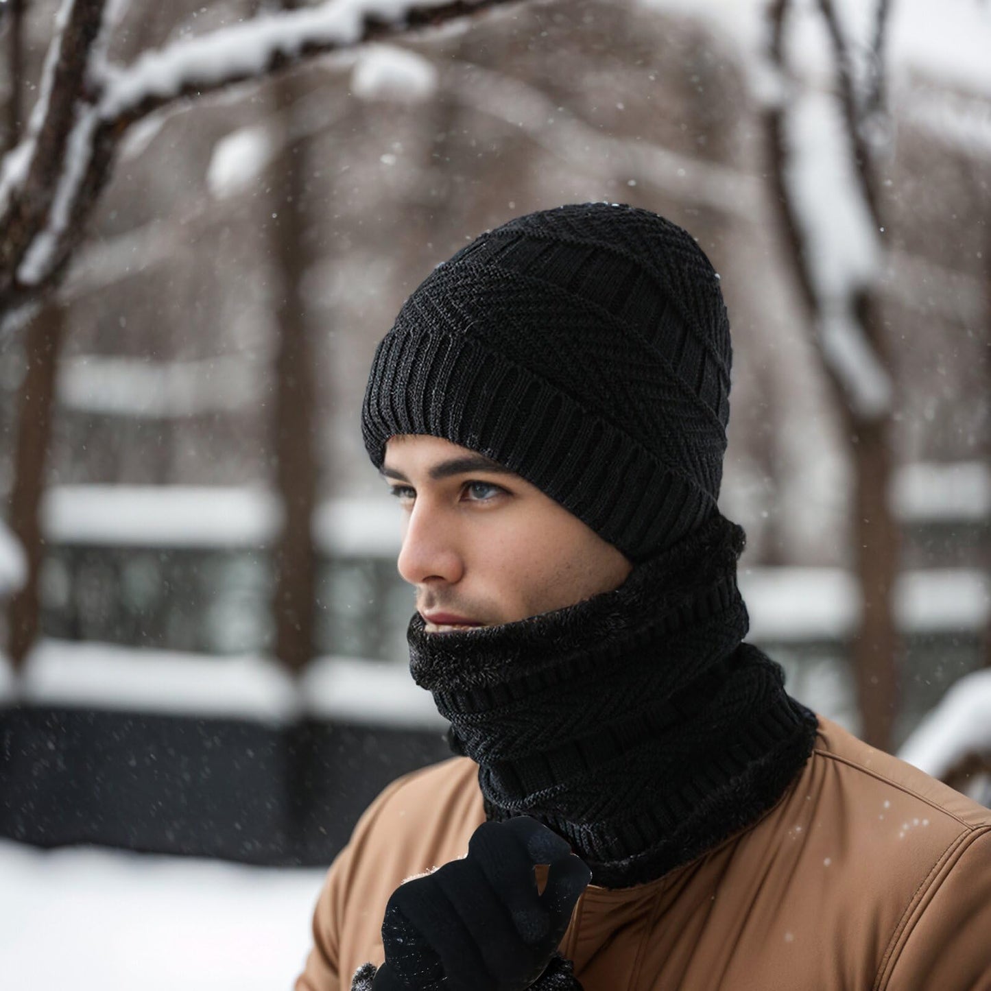 ABUDDER Womens Beanie Hat Scarf Gloves Set, Fleece Lined Winter Hat,Fleece Scarf Touch Screen Gloves and Ear Warmers for Men Women (Black)