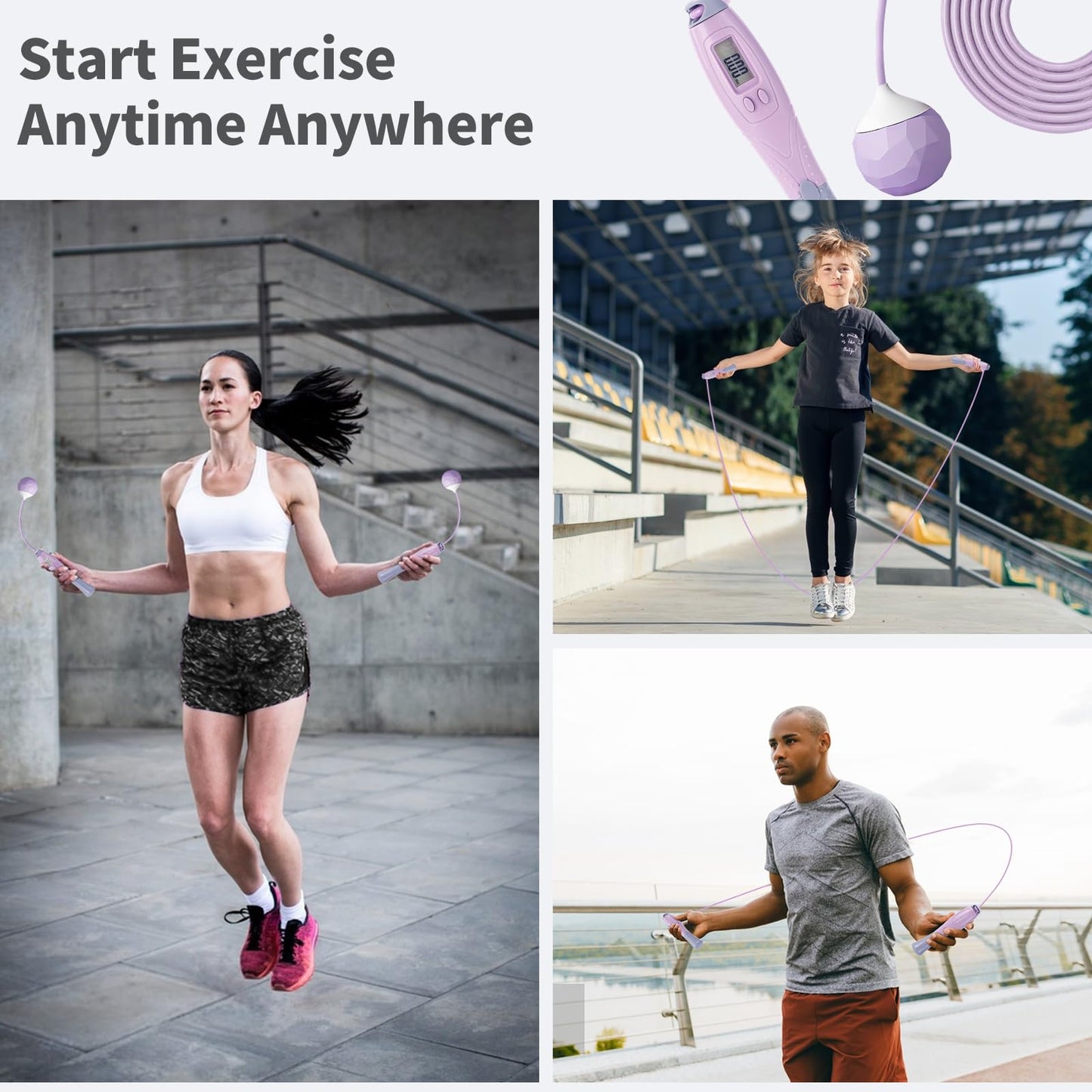 Jump Rope with Counter Cordless Jump Rope Ropeless Skipping Rope for Fitness Training Speed Rope with Digital Handle for Exercises Men, Women and Kids Wireless Skipping Rope Indoor Outdoor (Purple)