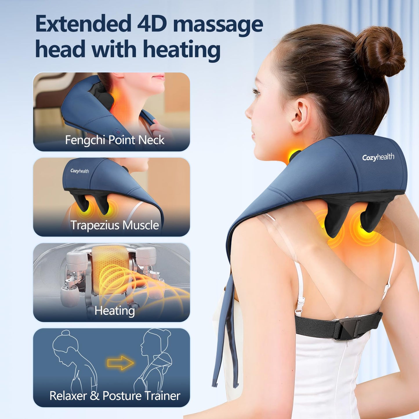 Cozyhealth Neck Massager for Neck and Shoulder with Heat, Shiatsu Neck and Upper Back Massager, Portable Cordless Electric Kneading Neck Massager for Pain Relief Deep Tissue (Dark Blue)