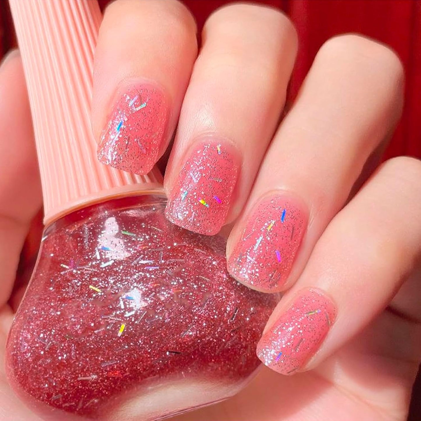 COSMOO Pink Strip Glitter Nail Polish, 12ml Pink Shiny Glitter Quick Dry Nail Lacquer for Nail Art Varnish, 0.41 fl oz