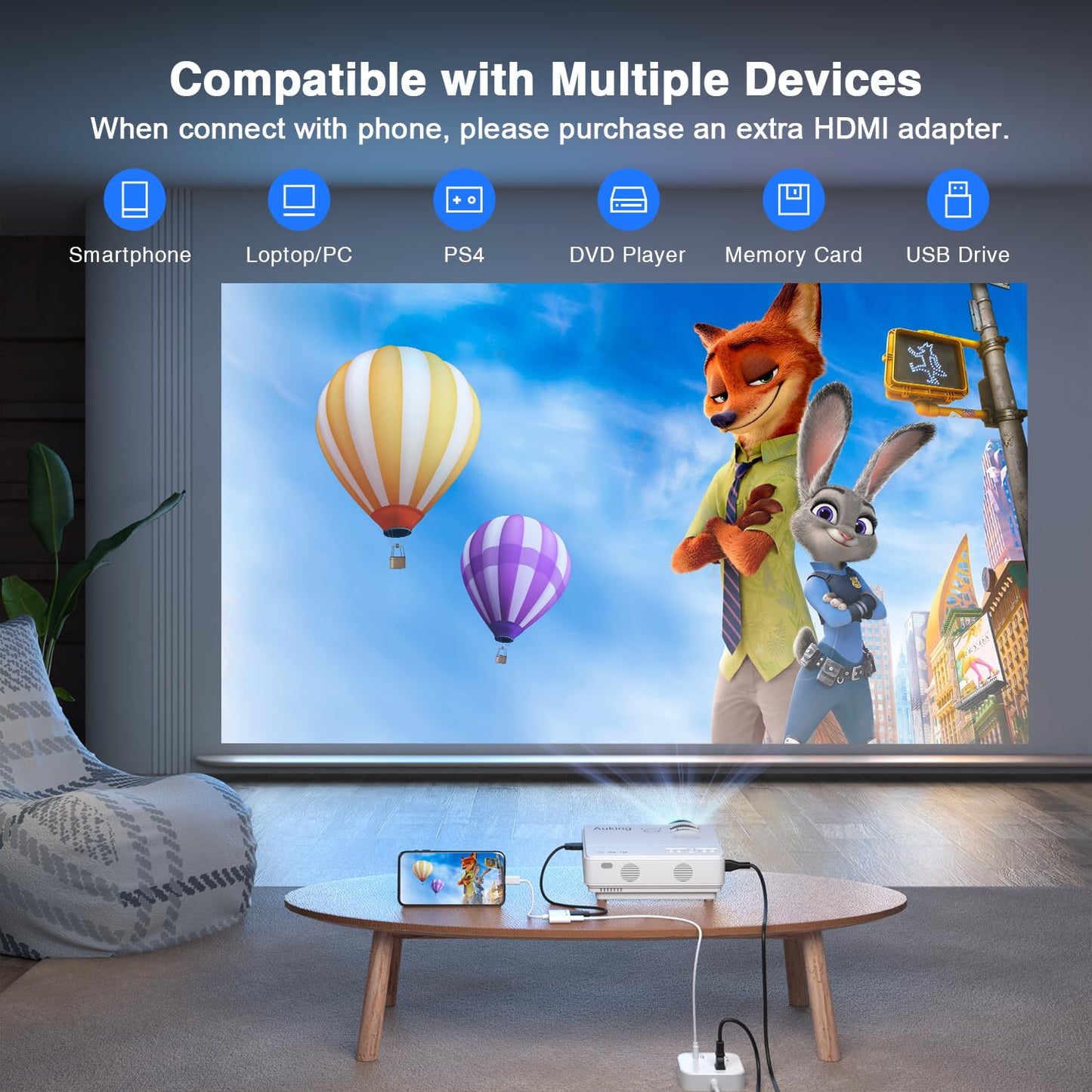 AuKing Projector, 2025 Upgraded Mini Projector, Full HD 1080P Home Theater Video Projector, Compatible with HDMI/USB/AV/Smartphone/TV Box/Laptop