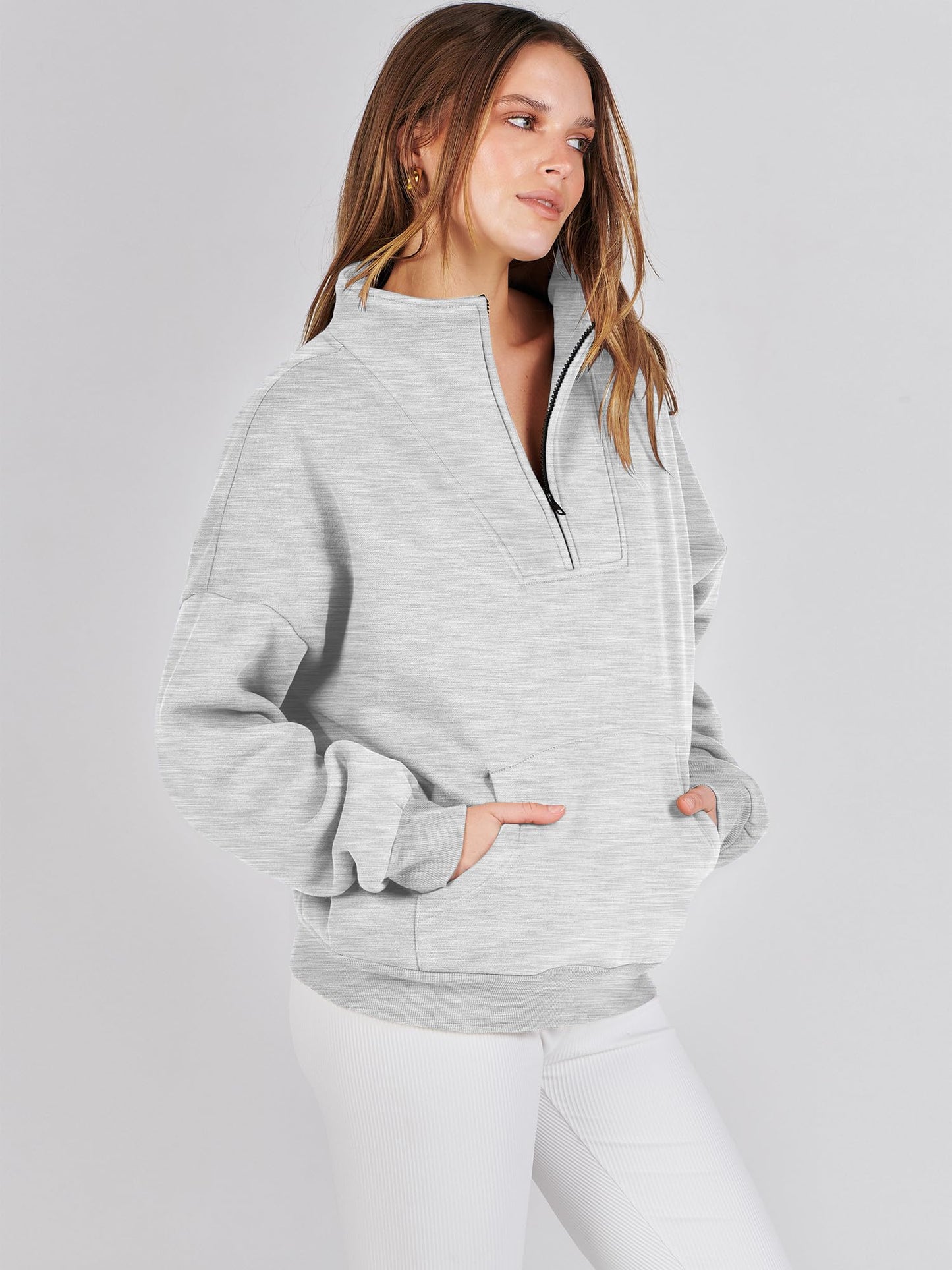 ANRABESS Womens Half Zip Sweatshirts Oversized Crop Pullover 2024 Winter Y2K Fleece Hoodie Sweater Teen Girls Fall Clothes Light Gray Large