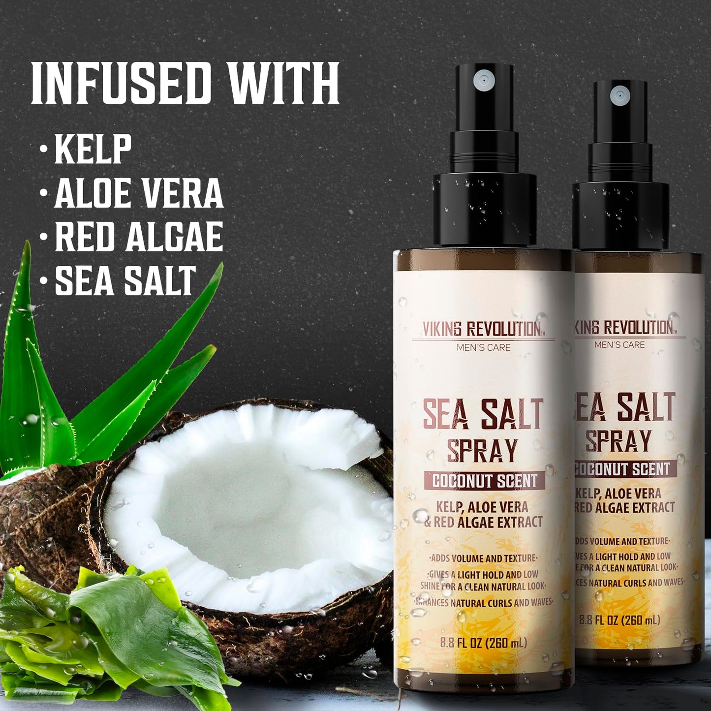 Viking Revolution Coconut Sea Salt Spray for Men - Styling, Volumizes & Enhances natural curls, Provides beach hair look, Boosts volume, Soothes with Kelp, Aloe Vera & Red Algae - 2 pk