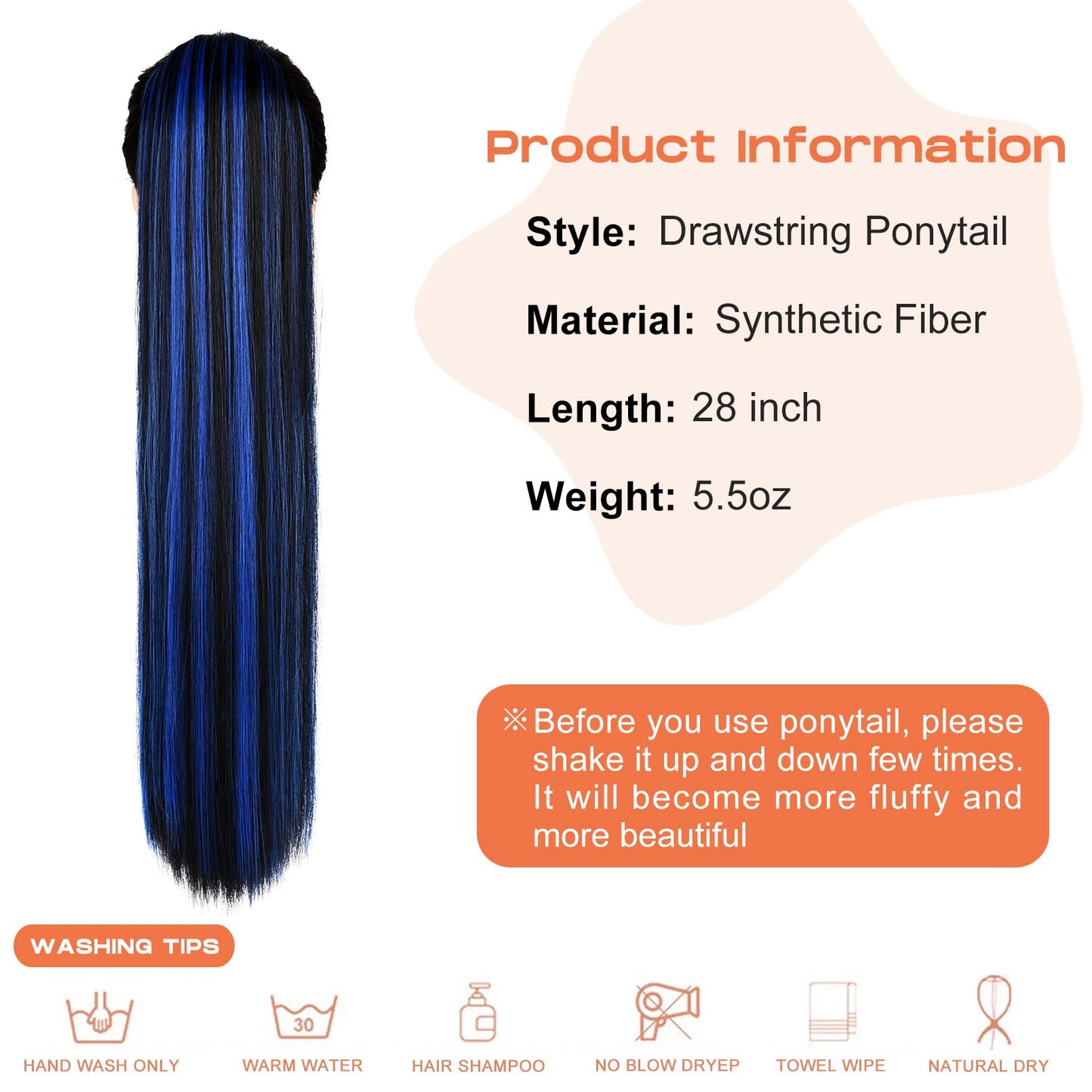 SEIKEA Ponytail Extensions Drawstring Long Straight Fake Pony Tail Natural Soft Clip in Hair Extension Synthetic Heat Resistant Hairpiece 28 Inch Natural Black with Blue Highlights