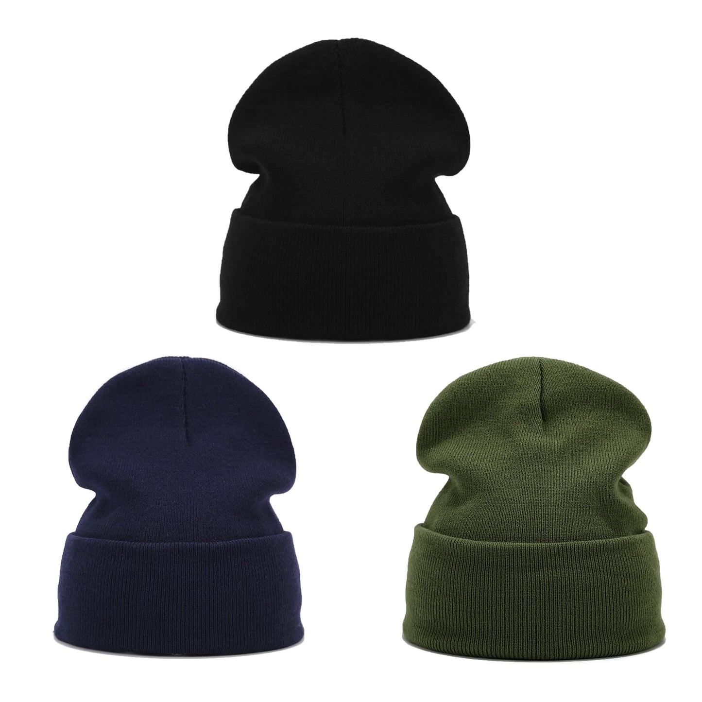 Voilipex 3 Pack Unisex Winter Warm Knit Beanie Hats Cuffed Ribbed Skull Caps for Women Men (Black, Dark Blue, Olive Green)