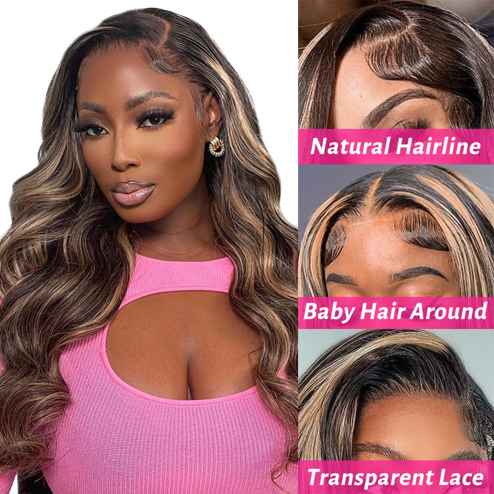 MUGOHK Highlight Lace Front Wig Human Hair 10 Inch Balayage Body Wave Bob 13x4 HD Lace Closure Wigs Pre Plucked with Baby Hair #1b27 Short Black and Blonde Ombre Human Hair Wig 150 Density for Women