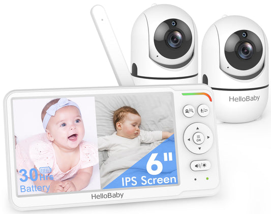 HelloBaby World's First 6" IPS Split Screen Baby Monitor with 2 Cameras - No WiFi, 30hr Battery, 355° Pan-Tilt, Night Vision, 1000ft, Portable Travel Video Audio Monitor with Temp Alert/Lullabies/VOX