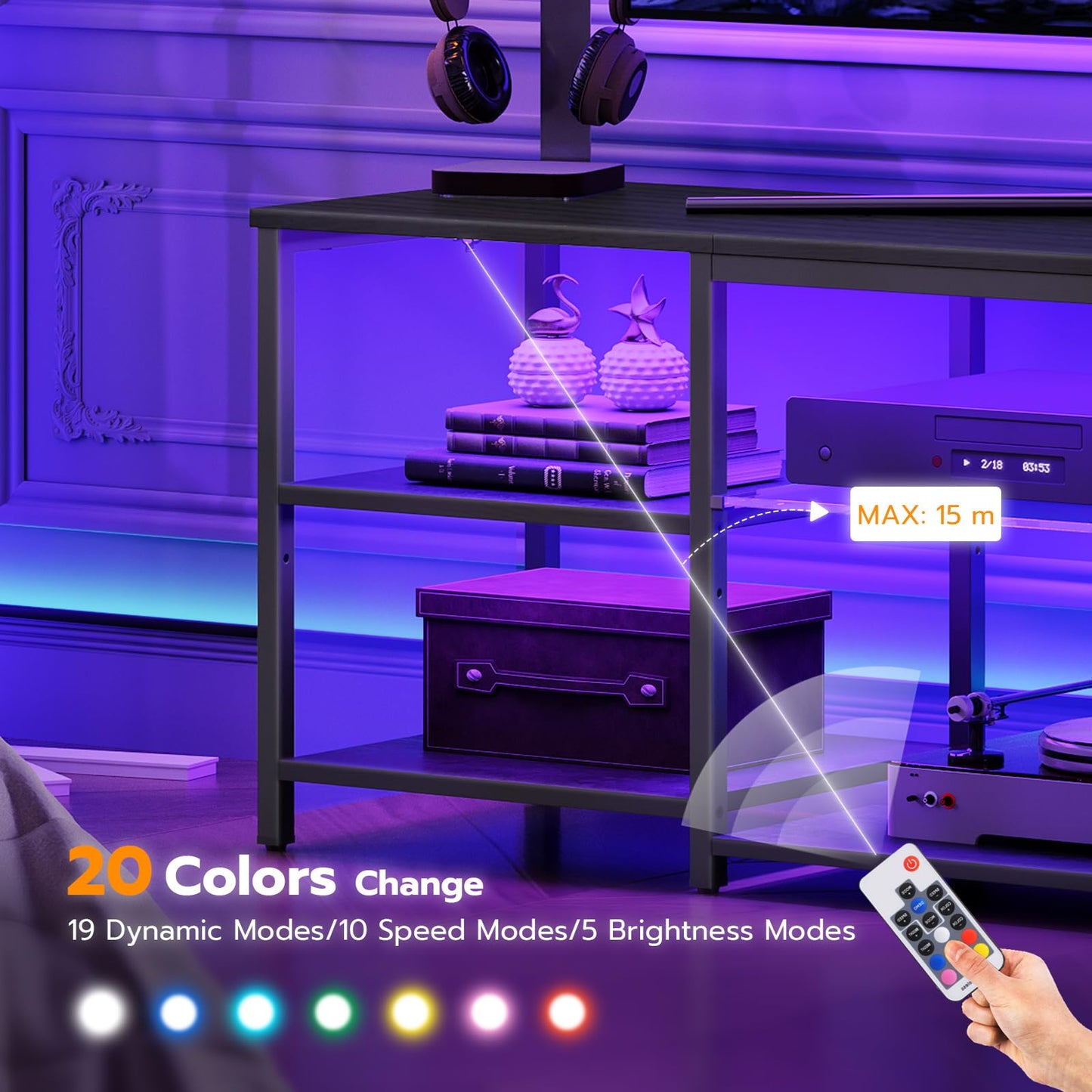 HOOBRO LED TV Stand for 65 Inch TVs with Charging Station, Gaming Entertainment Center with 3-Tier Open Storage, Long Media TV Console Table, TV Stand for Living Room, Bedroom, Black BB20UDDS01