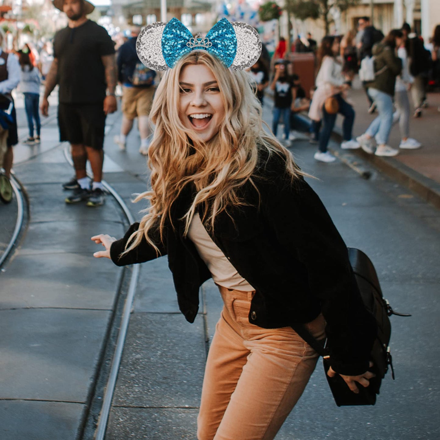 RAZKO Cinderella Minnie Ears Headband, Sequin Silver Blue Mickey Ears Headband Mouse ears Headband for Women Girls Hair Accessories (Silver-Crown)