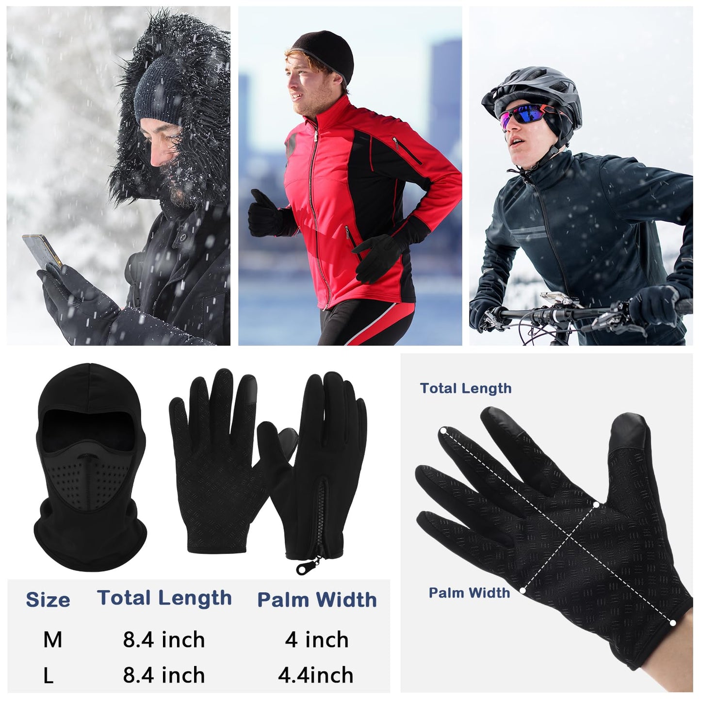 Geyoga 2 Pcs Winter Balaclava Face Mask Ski Gloves Black Windproof Ski Mask Cycling Gloves Touchscreen for Men Women Riding(Middle Size)