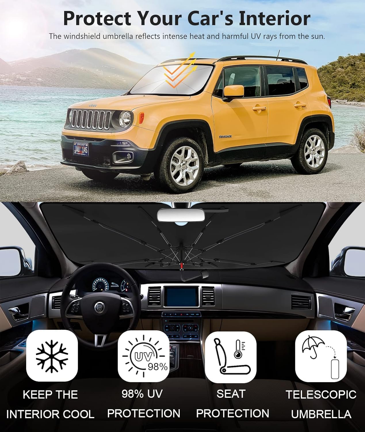 [2025 Upgrade Seamless Full Cover] Windshield Sun Shade Umbrella for Car [Nano Ice-Crystal Coating] Protect Car Interior from Sun Ray & Heat, Foldable Front Window Sunshade, Medium(57" L X 31" W)