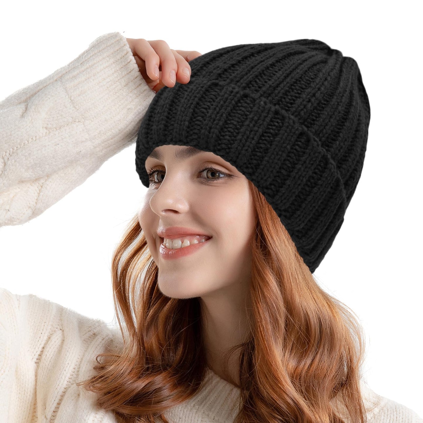 ZOORON 1&2 Winter Beanie for Women Soft Warm Slouchy Knit Hat Ski Stocking Cuffed Cap Black/Royal Blue