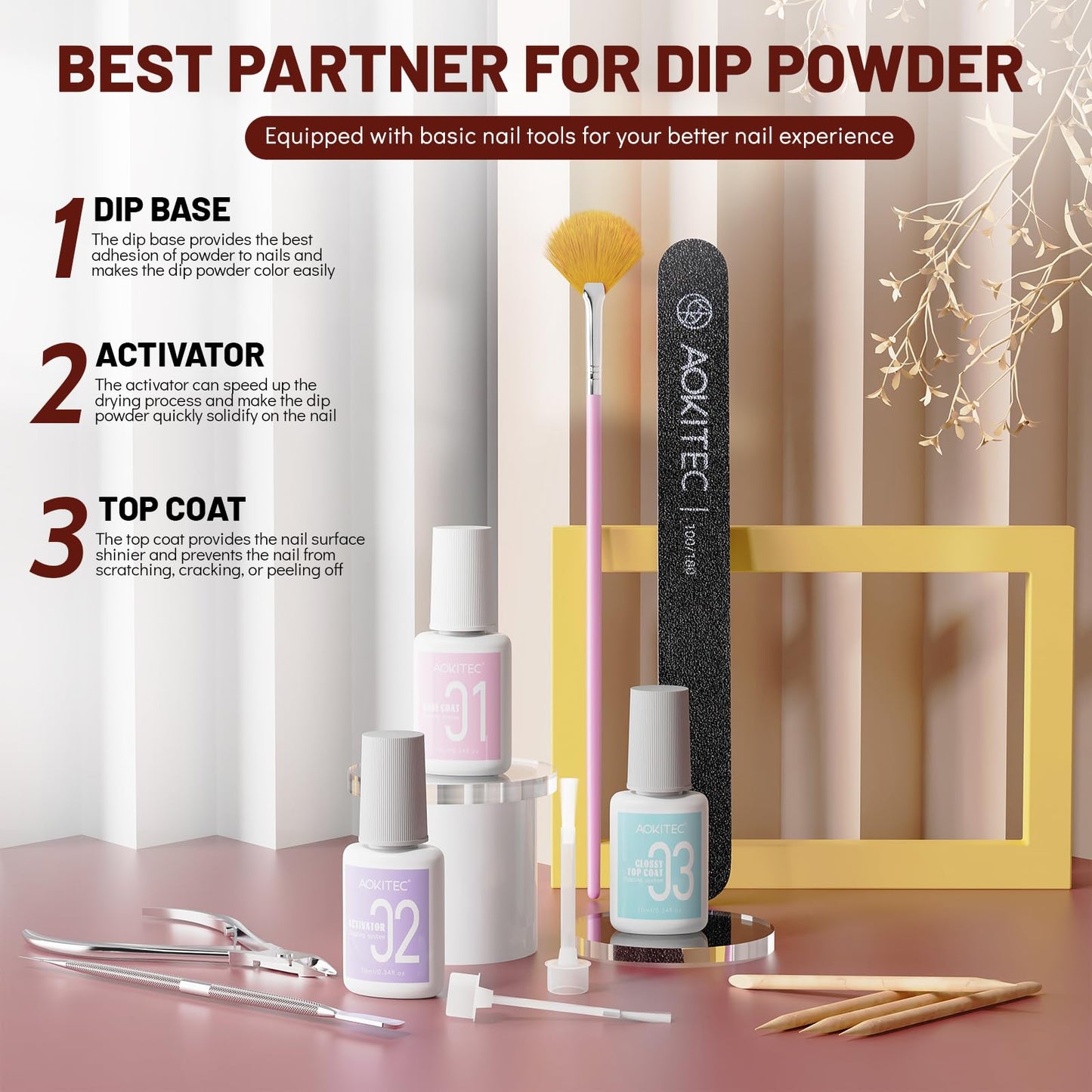 Aokitec Dip Powder Nail Kit Starter with Dip Build Powder, White Nude Pink Brown Giltter 8＋1 Colors Dipping Powder Liquid Set with Base/top Gel Activator for Nail Manicure Salon Gift
