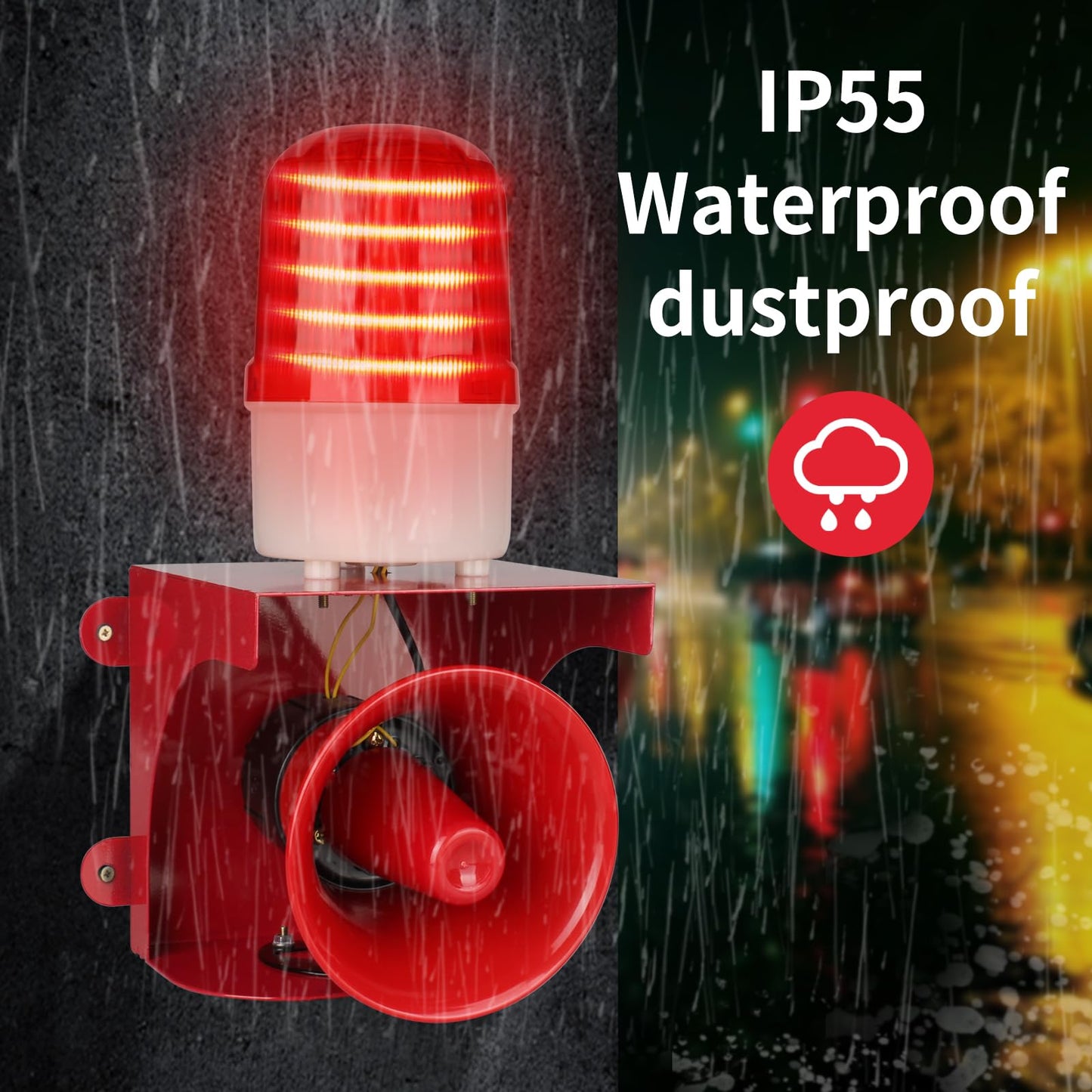 AC110V-120V Industrial Siren Alarm Strobe Light-120dB Loud Horn & Red Beacon Warning Light,Waterproof Indoor/Outdoor Safety Alarm for Emergency,Factory,Office,Fires,Tornado,Intruders,Animal Deterrent