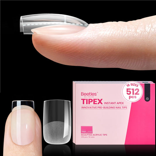 Beetles Tipex Instant Apex Nail Tips-Extra Short Square Pre-Building & Pre-Etched Strong Thick Acrylic,16 Sizes, Press on Nails 512 Pieces