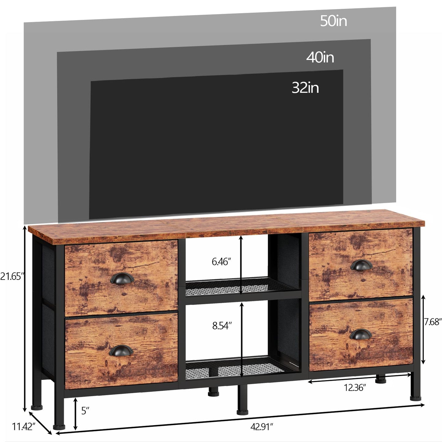 Furologee TV Stand Dresser with 4 Drawers, Television Stand with Open Shelf, Entertainment Center for 50" TV, Industrial Media Center for Bedroom, Living Room, Rustic Brown