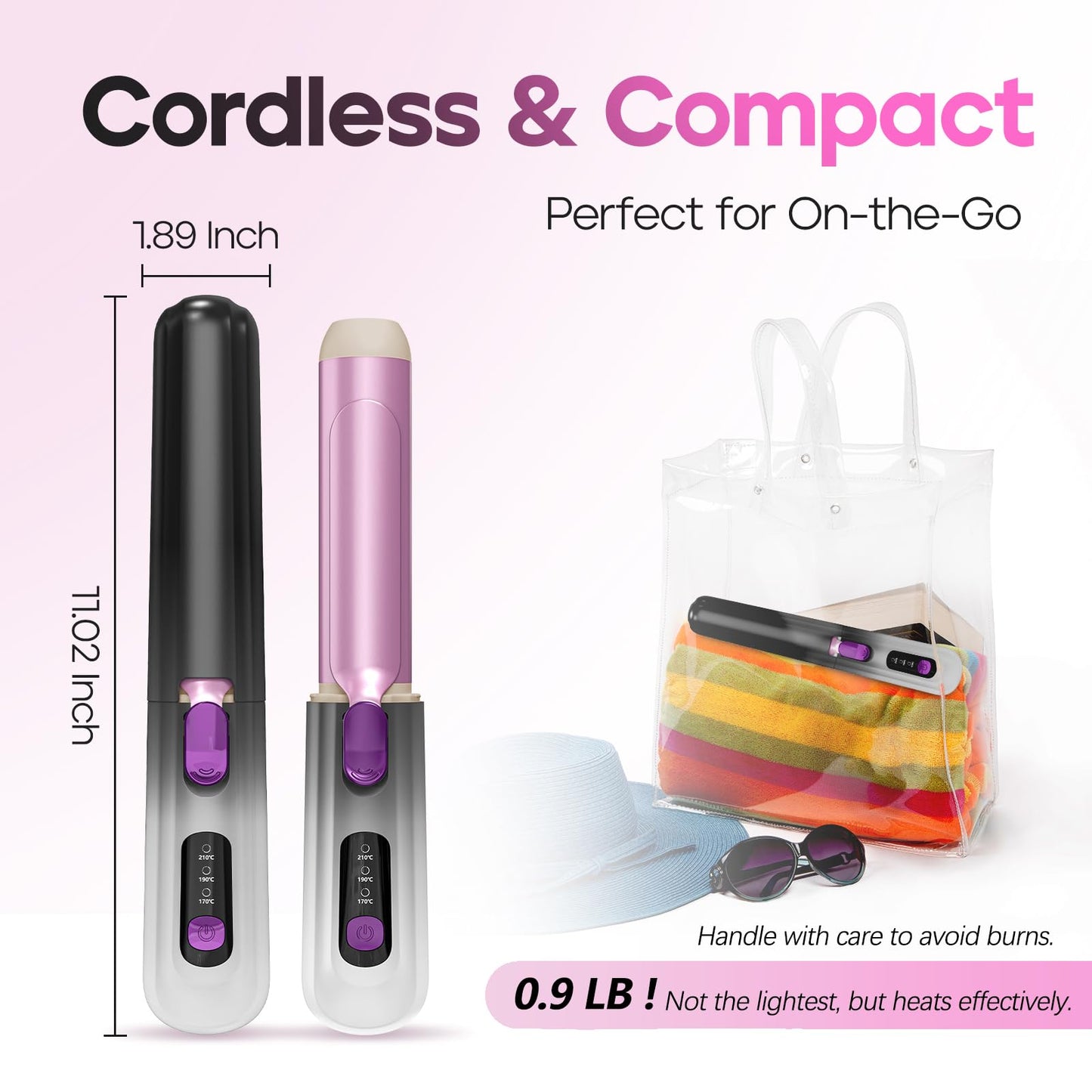 Youbella Cordless Curling Iron, 8000mAh Travel Hair Curler, Portable Heated Wand with Protective Cover & Gloves, USB Rechargeable for Big Waves, 1.35” Wireless Hair Styling Tool, Negative Ions, Gray