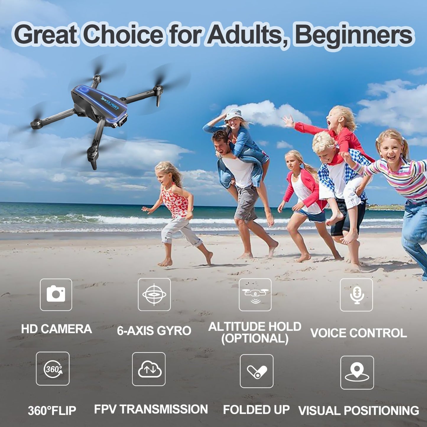 TRIPLEFINE TF770 Drone-with-Camera 1080P, 2 Batteries 25 Mins Flight Time, Kids-Drone Gestures Selfie, Voice Control, One Key Off/Land, 3D Flips, Drones-for-Kids 8-12, Adults, Beginners