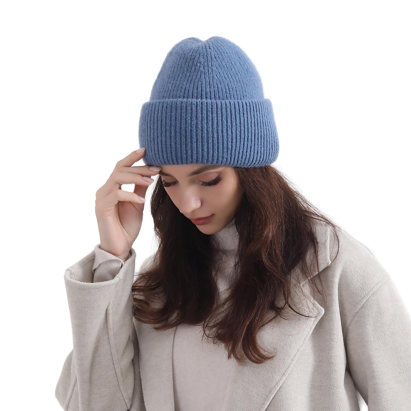 Three Layers of Cuffs Knit Blue Beanie Hats for Women Man Warm Winter Beanie Hat Women Hat Ski Hat Cap (Blue)