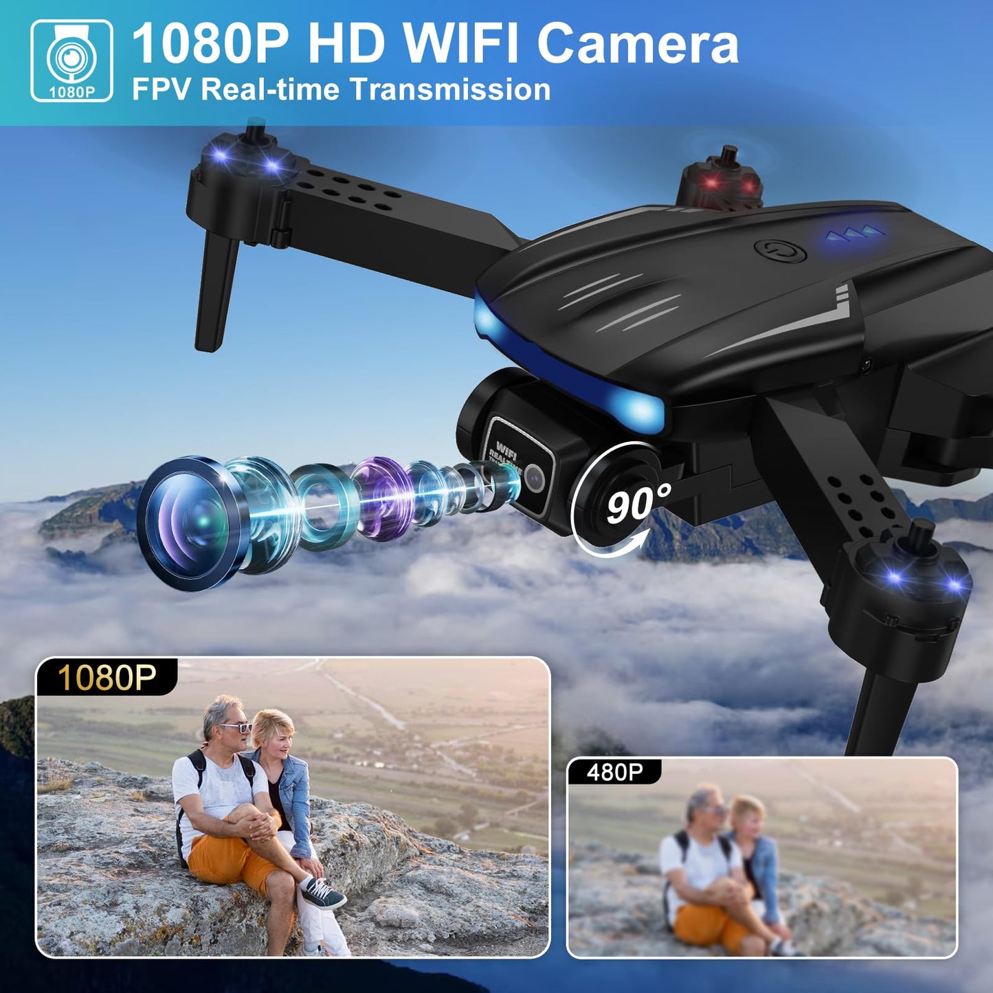 X-shop Foldable FPV Drone with 1080P HD Camera for Kids & Adults, 2 Batteries, One Key Take Off/Land, Altitude Hold, Headless Mode, 360Flip, 3 Speed Modes, Waypoint Fly