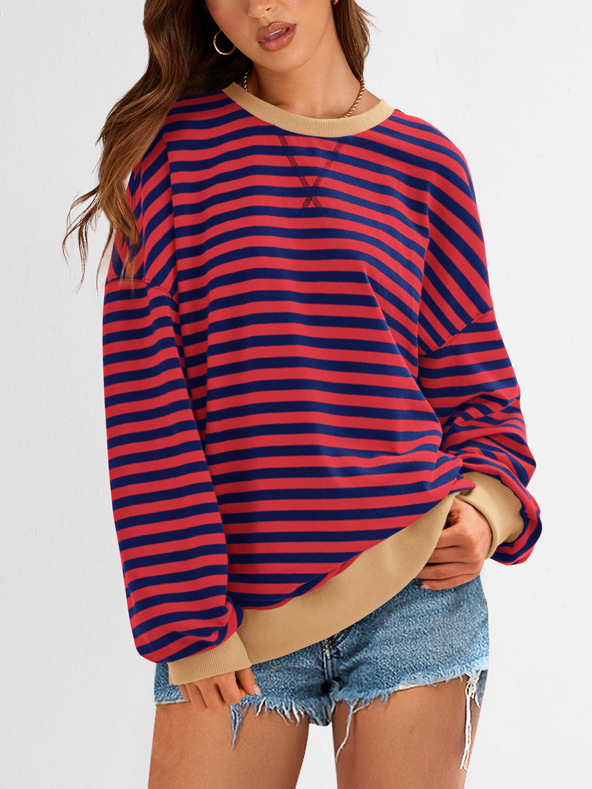 PRETTYGARDEN Womens Oversized Sweatshirt Casual Striped Color Block Long Sleeve Crewneck Pullover Tops Spring Y2k Clothes (Red Navy, Medium)