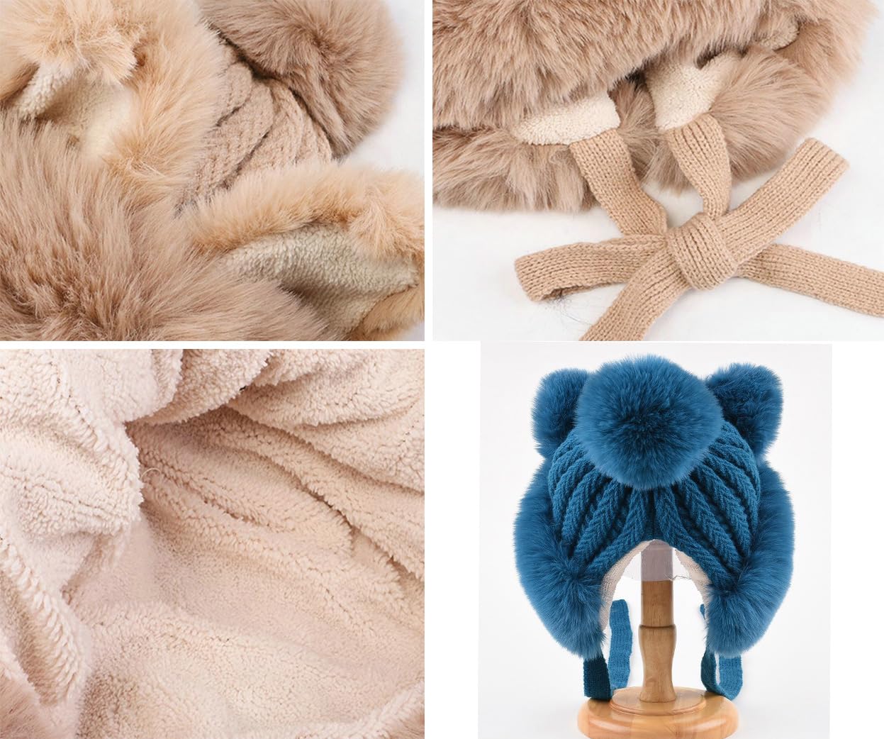 Women Cute Fox Ears Hats Furry Warm Knitted Trapper Hat Beanies Slouchy Crochet Hat Winter Cap Khaki