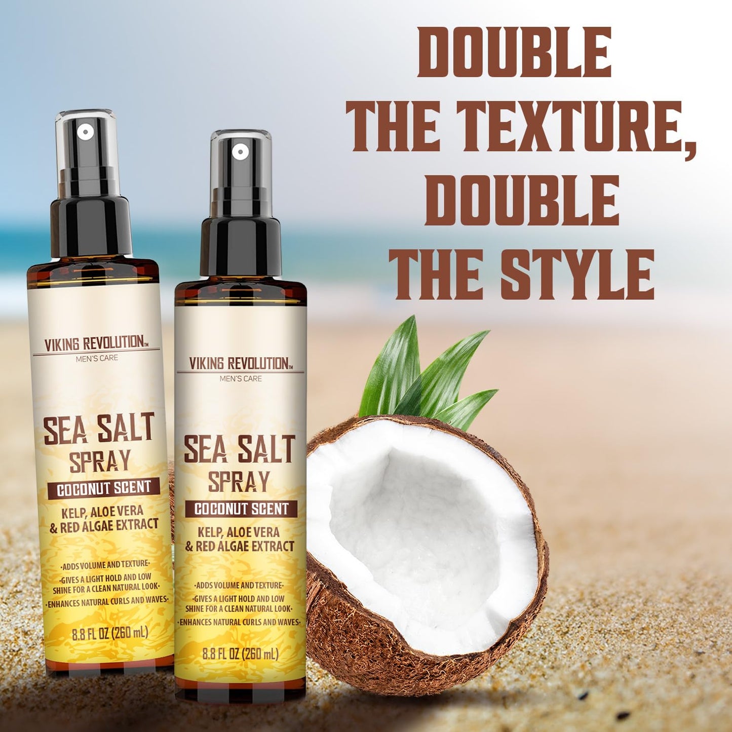 Viking Revolution Coconut Sea Salt Spray for Men - Styling, Volumizes & Enhances natural curls, Provides beach hair look, Boosts volume, Soothes with Kelp, Aloe Vera & Red Algae - 2 pk
