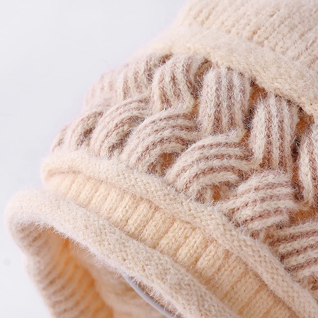 Tangjun Womens Winter Warm Beanie Knit Fur Lining Ear Flaps Cozy Cap Pompom Hat (White)