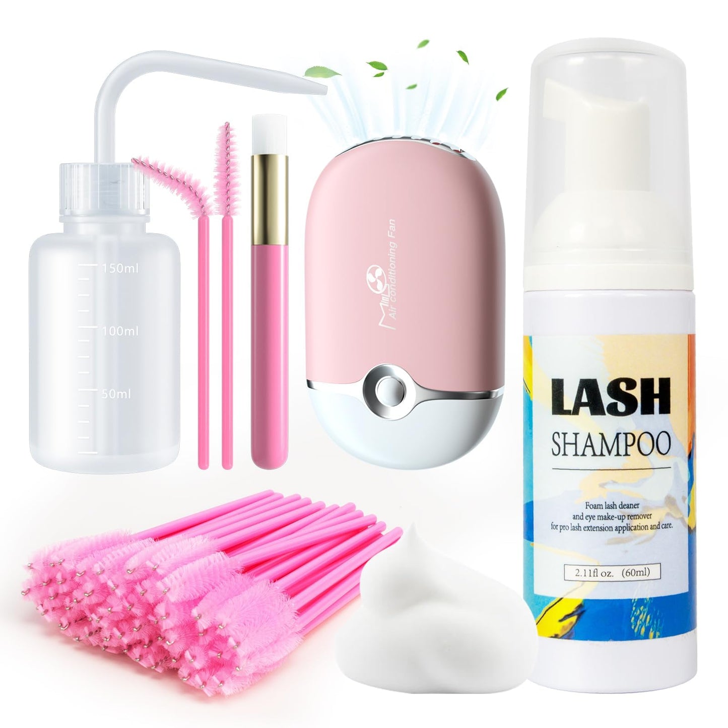 Setgnur Lash Cleaning Kit - 60ML Lash Shampoo with Lash Fan Cleaning Brush Rinse Bottle and 50 Pcs Mascara Brush, Rich Foam Lash Wash for Eyelash Extension Home Use(Pink)