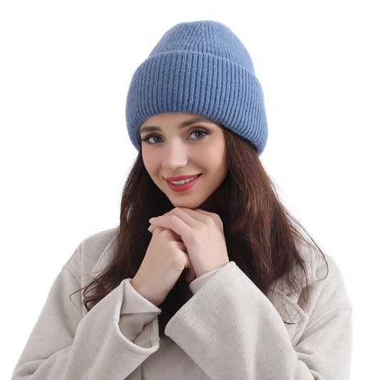 Three Layers of Cuffs Knit Blue Beanie Hats for Women Man Warm Winter Beanie Hat Women Hat Ski Hat Cap (Blue)