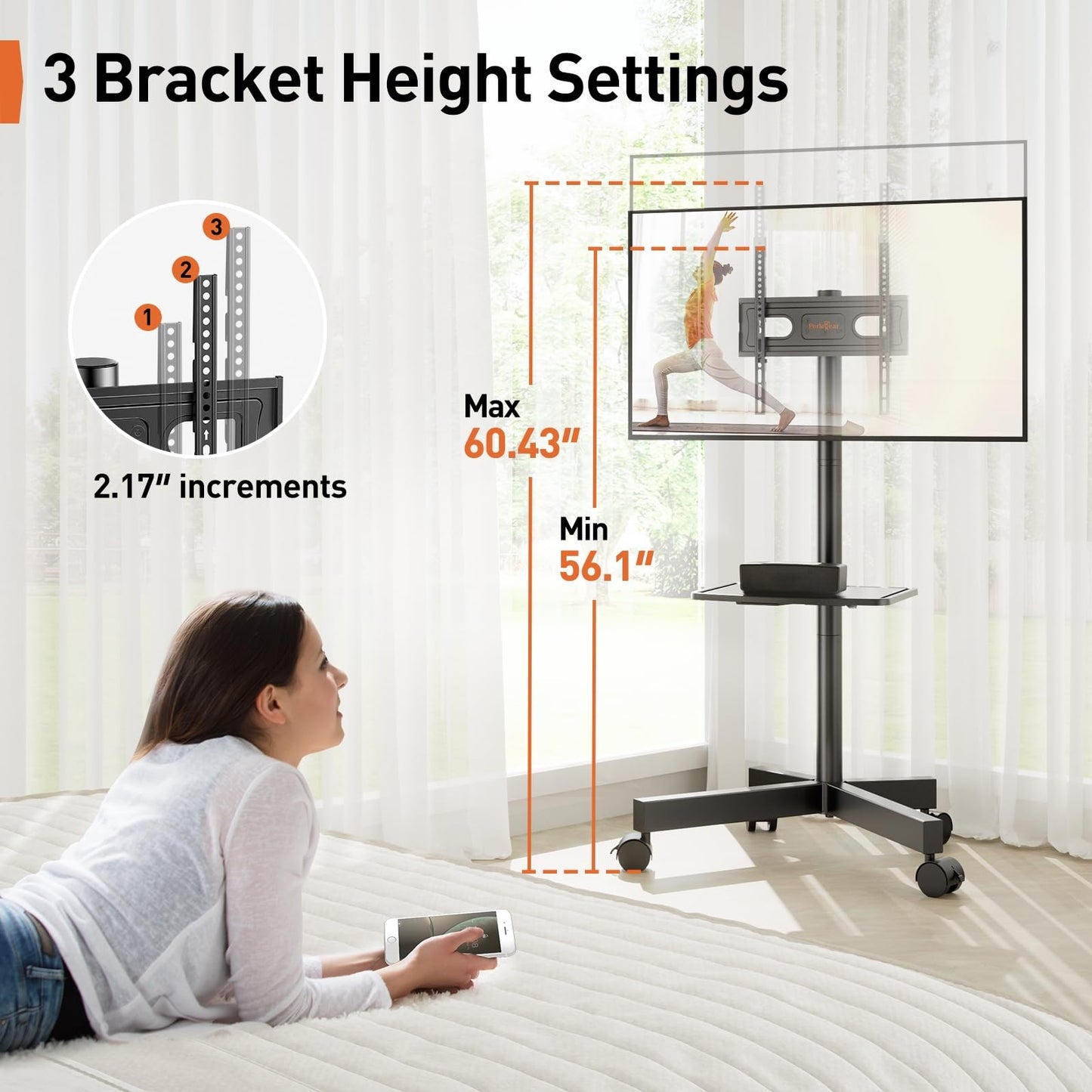 Perlegear Rolling TV Stand for 23-60 Inch LED Flat Screen/Curved TVs up to 88lbs,Mobile TV Stand Wheels with Height Adjustable Portable Rolling TV Cart Max VESA 400x400mm PGTVMC06