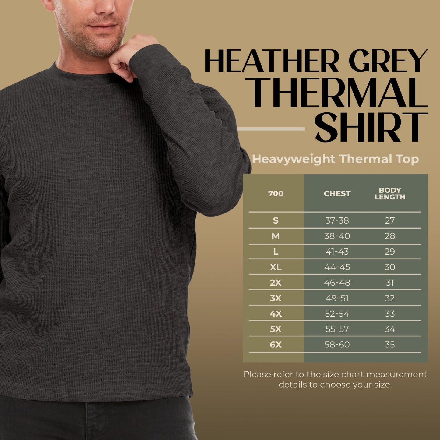 JMR Men's Thermal Shirt Heavy Weight Long Sleeve Waffle Crew Neck Top Underwear, Colors, Sizes (Charcoal, Large)