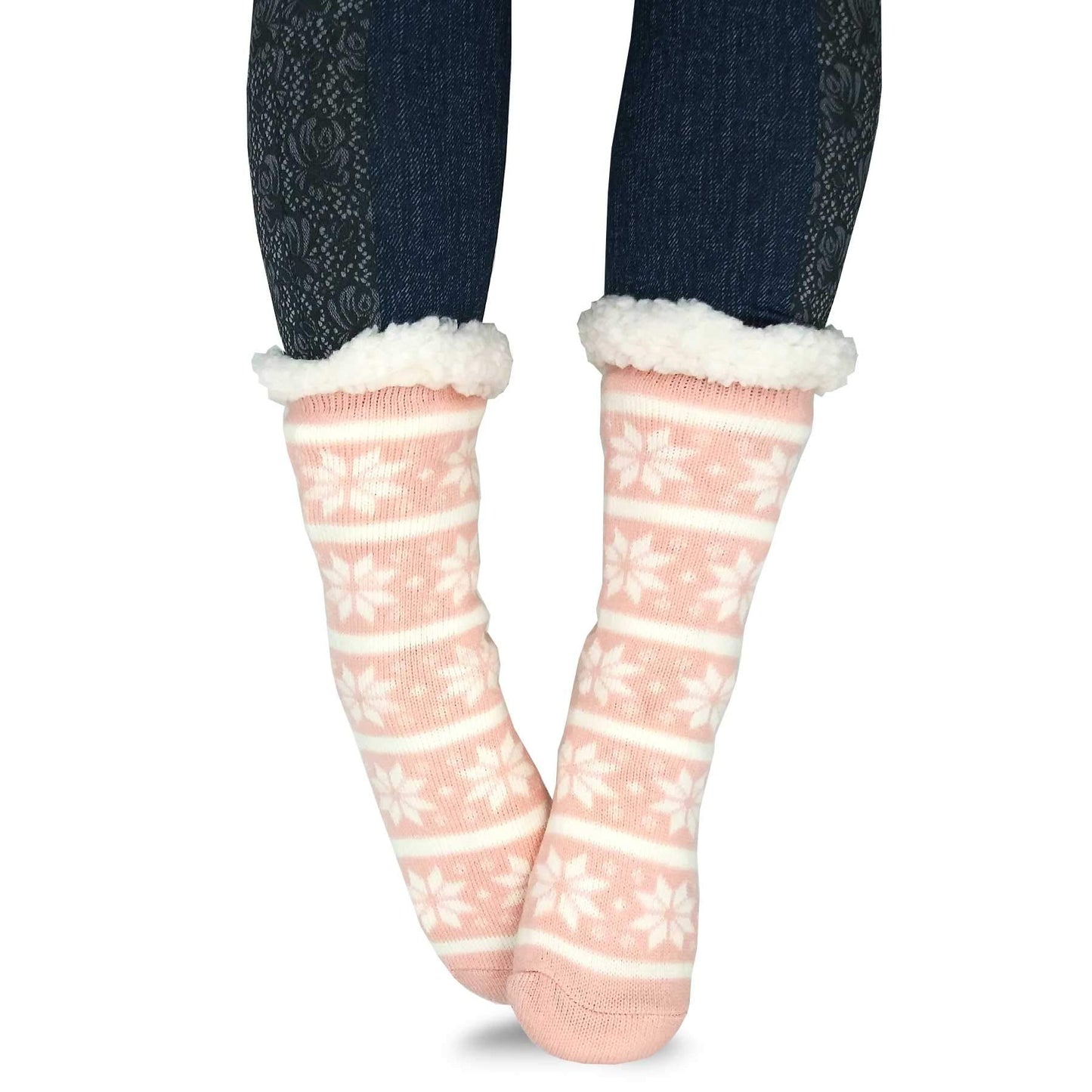 Thick Winter Warm Heat Double Layer Thermal Crew Women's Socks 3 Pairs Deer Snowflake Pattern Pink Blue Grey 9-11 Non-Slip Bottoms