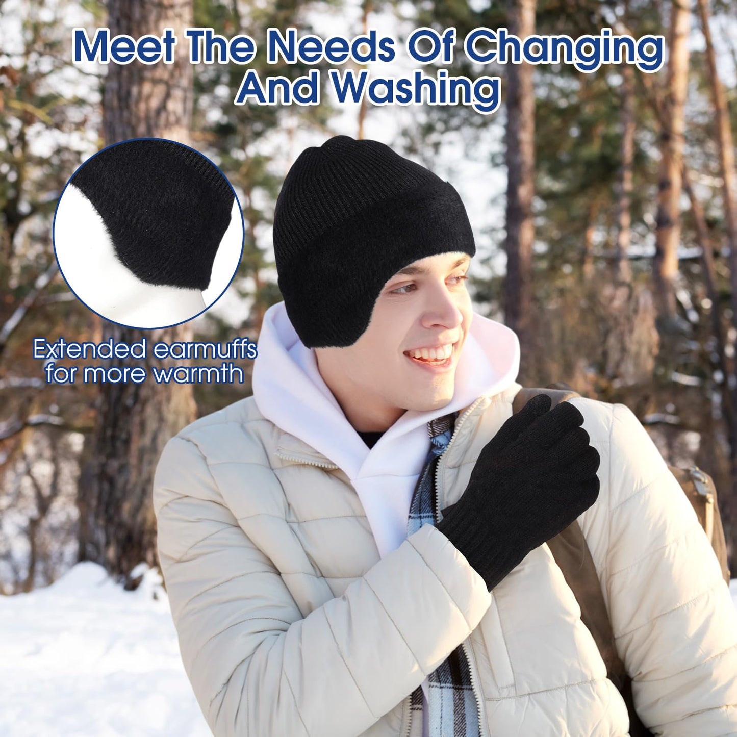 Jeere 4 Pcs Winter Beanie Hat with Earflap Gloves for Men Women Soft Warm Beanie Hat Gloves Set Knit Gloves Beanie Cap Set(Dark Grey, Dark Blue)