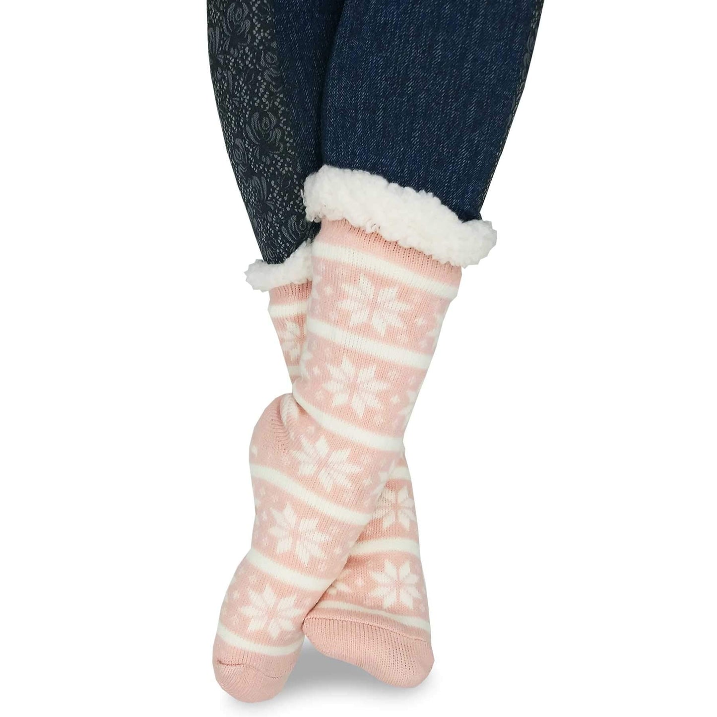 Thick Winter Warm Heat Double Layer Thermal Crew Women's Socks 3 Pairs Deer Snowflake Pattern Pink Blue Grey 9-11 Non-Slip Bottoms