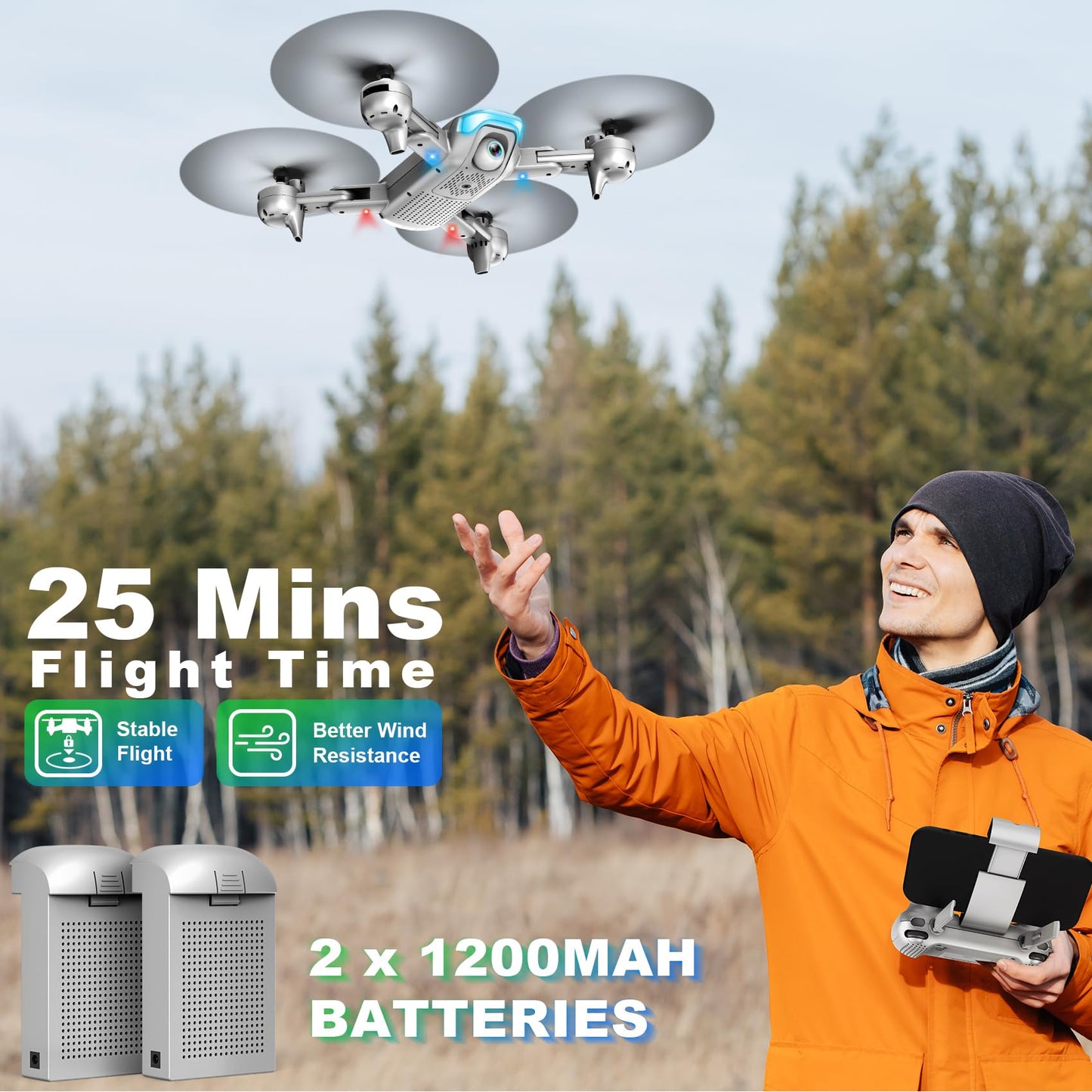 Drone with Camera - Foldable Drone for Begniners with 1080P FPV Camera, Upgrade Altitude Hold, Gestures Selfie, Waypoint Fly, Headless Mode, 3D Flip, One Key Start, 3 Speed Mode, Circle Fly, 2 Batteries