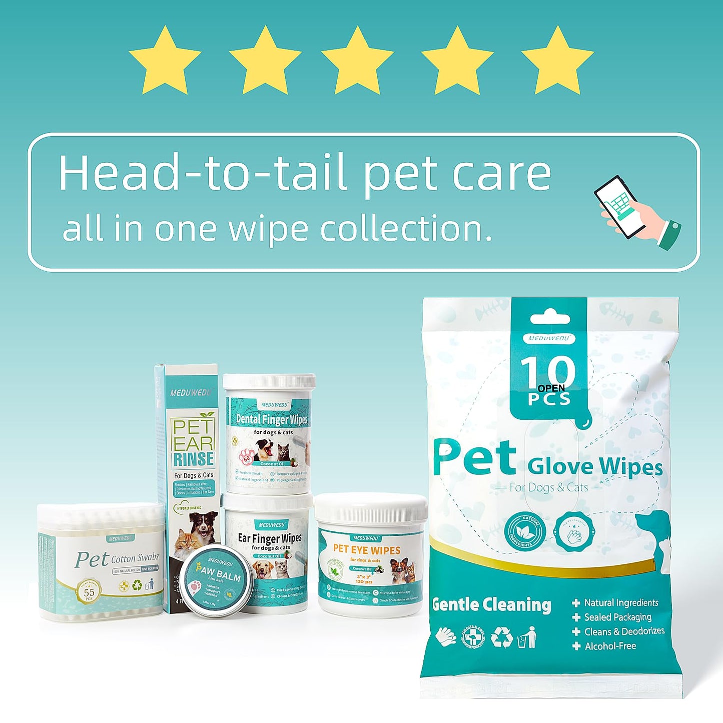 MEDUWEDU [10 Count] No-Rinse Pet Glove Wipes – 5-Finger Design, Coconut Oil & Aloe, Hypoallergenic Grooming Mitts for Dogs & Cats