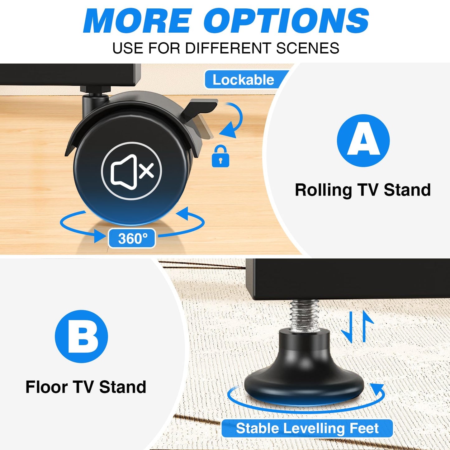 Rfiver Rolling TV Stand with Power Outlet for 13-50 Inch TVs, Tilting and Rotating Mobile TV Cart up to 55 lbs, Portrait to Landscap, Height Adjustable TV Floor Stand with Shelf, Max VESA 200x200mm