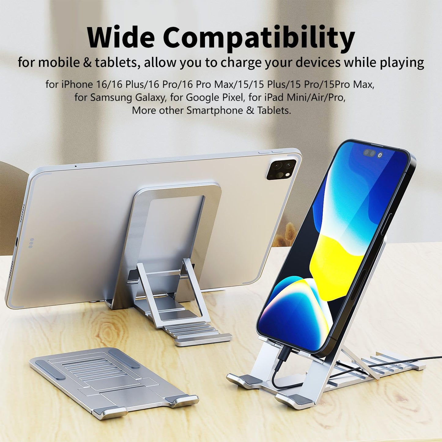 TITACUTE Cell Phone Stand for iPhone 14 Pro Max 13 12 11 XR Samsung A53 S22 S21 S20 Galaxy Z Flip 4 Pixel Aluminum Adjustable Cradle Holder Tablet Kickstand iPad Mini Air Desk Home Office, Silver