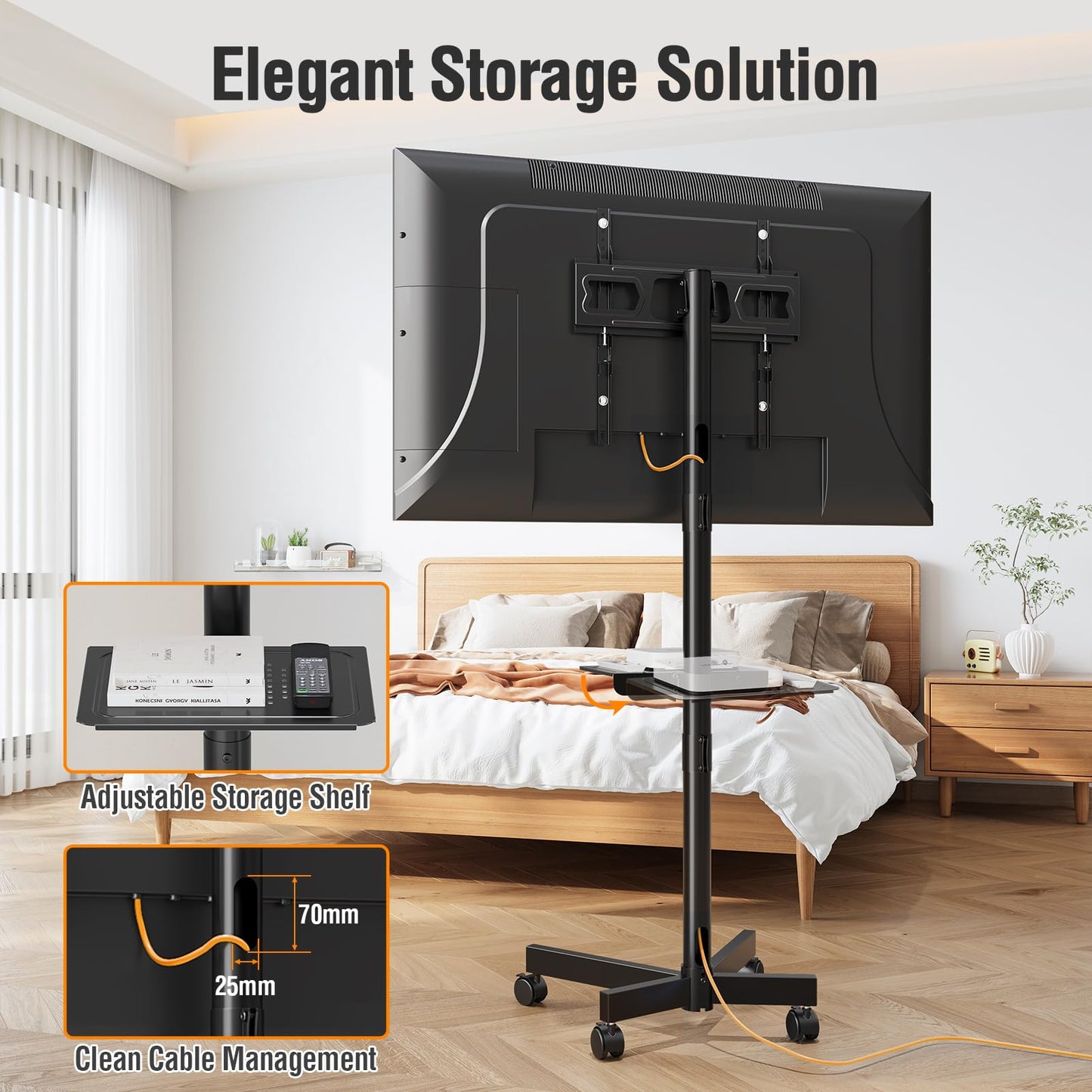 ELIVED Mobile TV Stand for 23-60 Inch Flat Screen TVs, Tilt TV Cart with Adjustable Shelf & Locking Wheels, Rolling TV Floor Stand Max VESA 400x400mm, Portable TV Stand Holds Up to 77lbs.