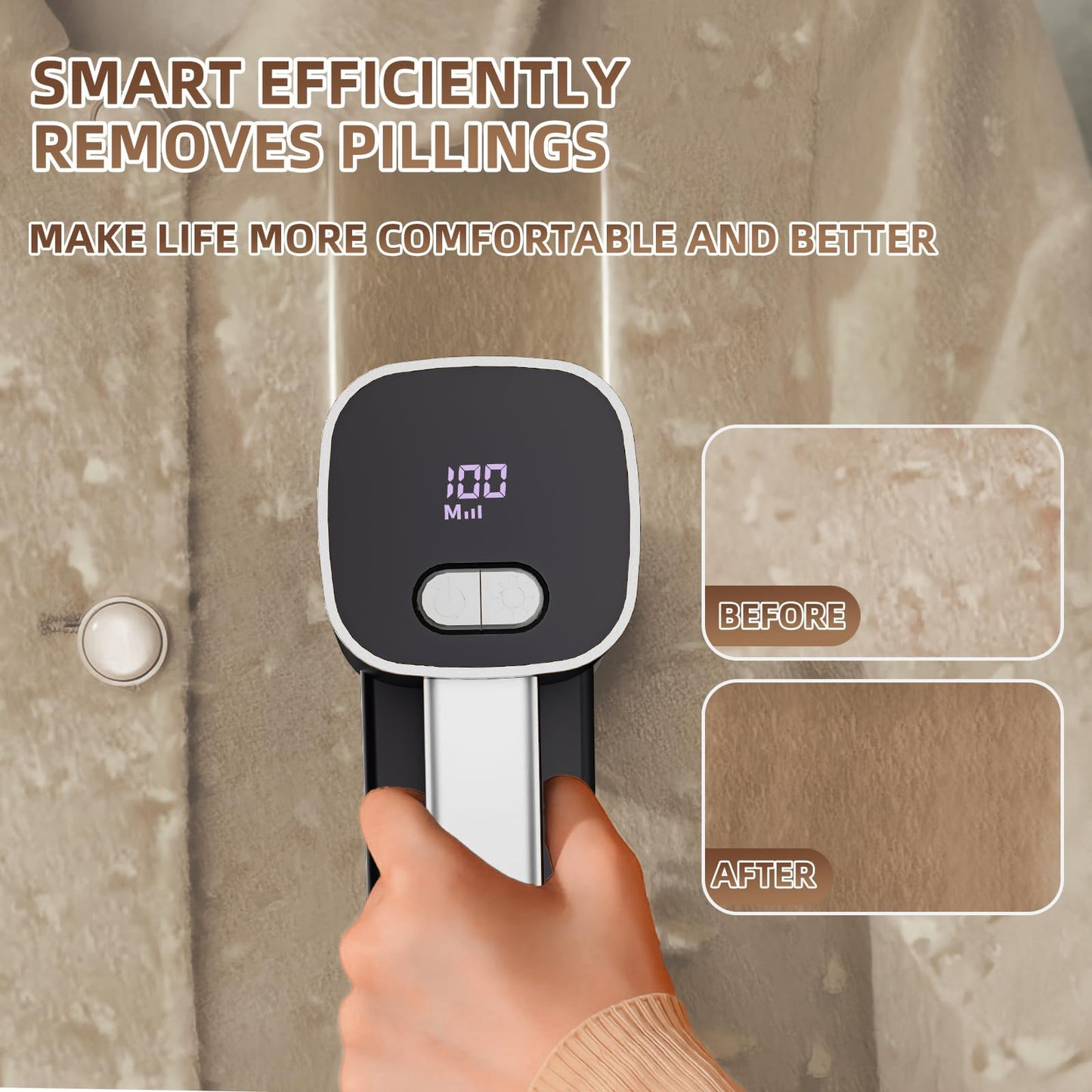 Rechargeable Lint Remover, Fabric Shaver Fuzz Remover, Sweater Shavers with 6-Leaf Blades, 3-Speeds Digital LED Display to Remove Pilling for Clothing and Furniture, Lint Ball, Black&Silver