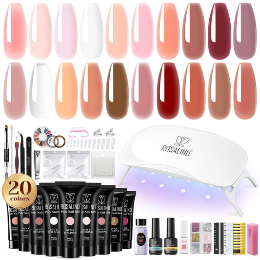 ROSALIND 20PCS White Clear Poly Nails Gel Kit Starter Builder Kit with Slip Solution Pro Nude Pink Nail Extensions Gel Set with Mini UV Lamp Drill Nail Art