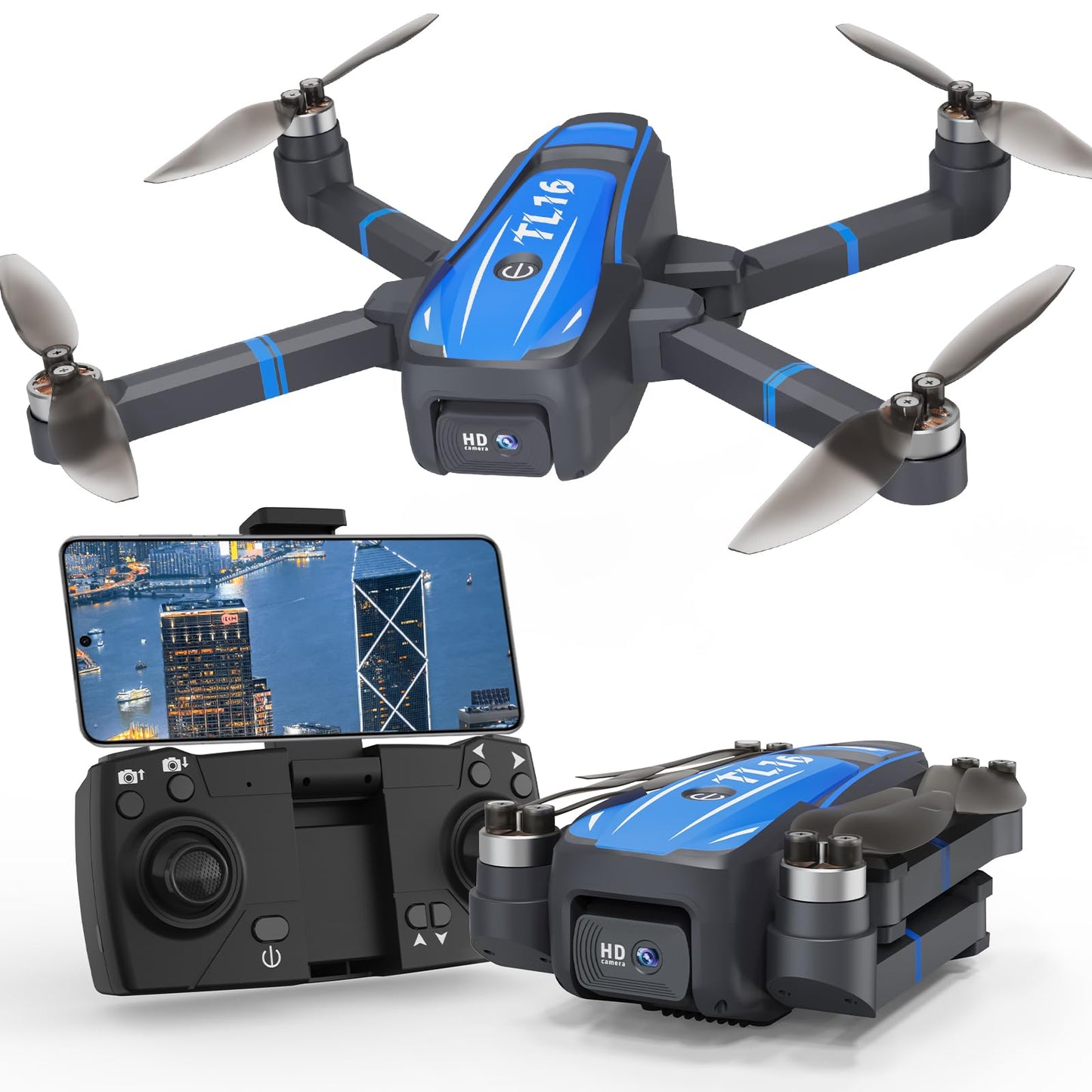 Toladrone TL16 Brushless Motor Drone with 1080P Camera, FPV Drone for Adults, Optical Flow Positioning Headless Mode 90° Motorised Adjustable Lens, Foldable RC Quadcopter for Beginners, Blue