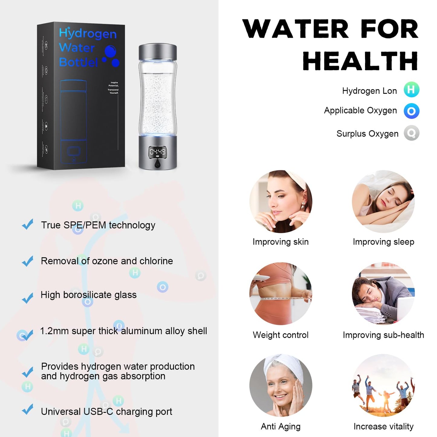 Hydrogen Water Bottle, Healthy Hydrogen Water Generator with Latest SPE PEM Technology, Hydrogen Water Ionizer Machine,Separates Hydrogen and Oxygen, Gift for Home,Travel, Sports (Grey, 9.05*Φ2.63in)