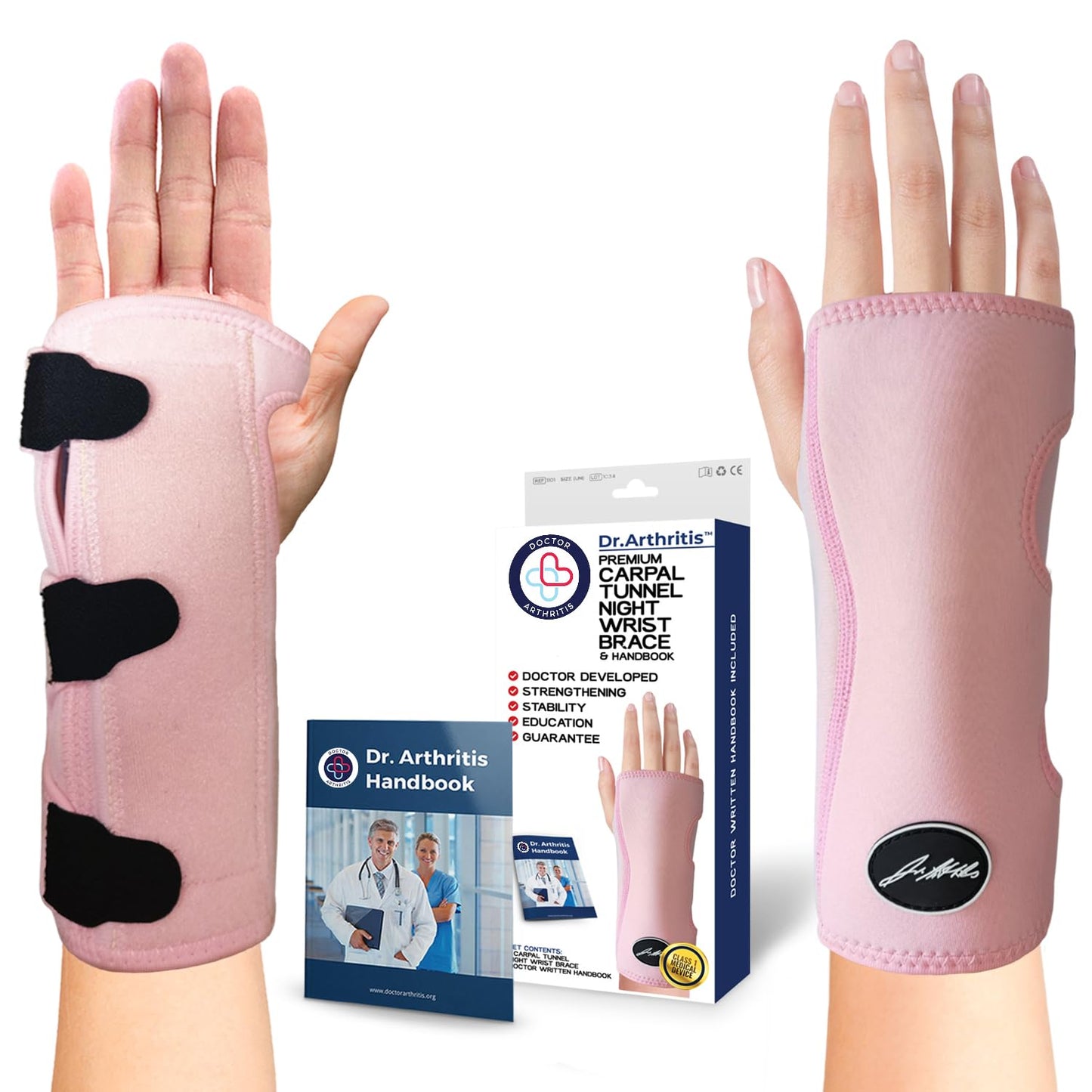 Doctor Developed Premium Carpal Tunnel Night Wrist Brace & Support [Single] (with Splint) & Doctor Written Handbook - Fully Adjustable with Comfort Padding & Shaping (Pink)