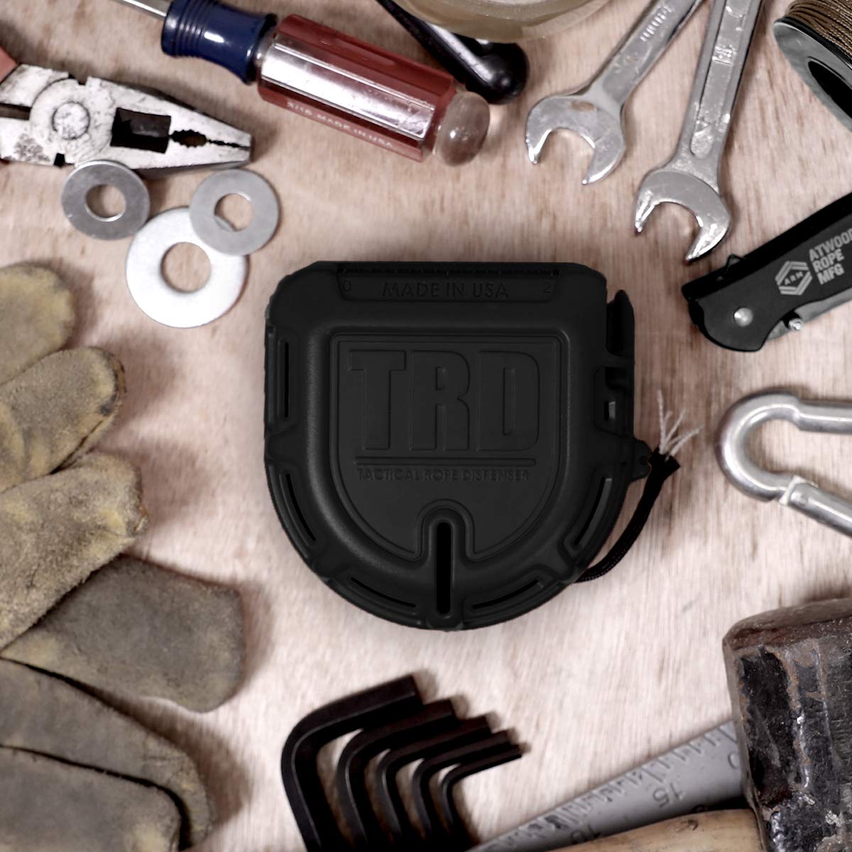 Atwood Rope MFG Tactical 550 Paracord Parachute Cord Rope Dispenser 50ft Spool TRD | Cutting Blade, Belt Clip, Cord Grip, View Port, Integrated Ruler (Black)