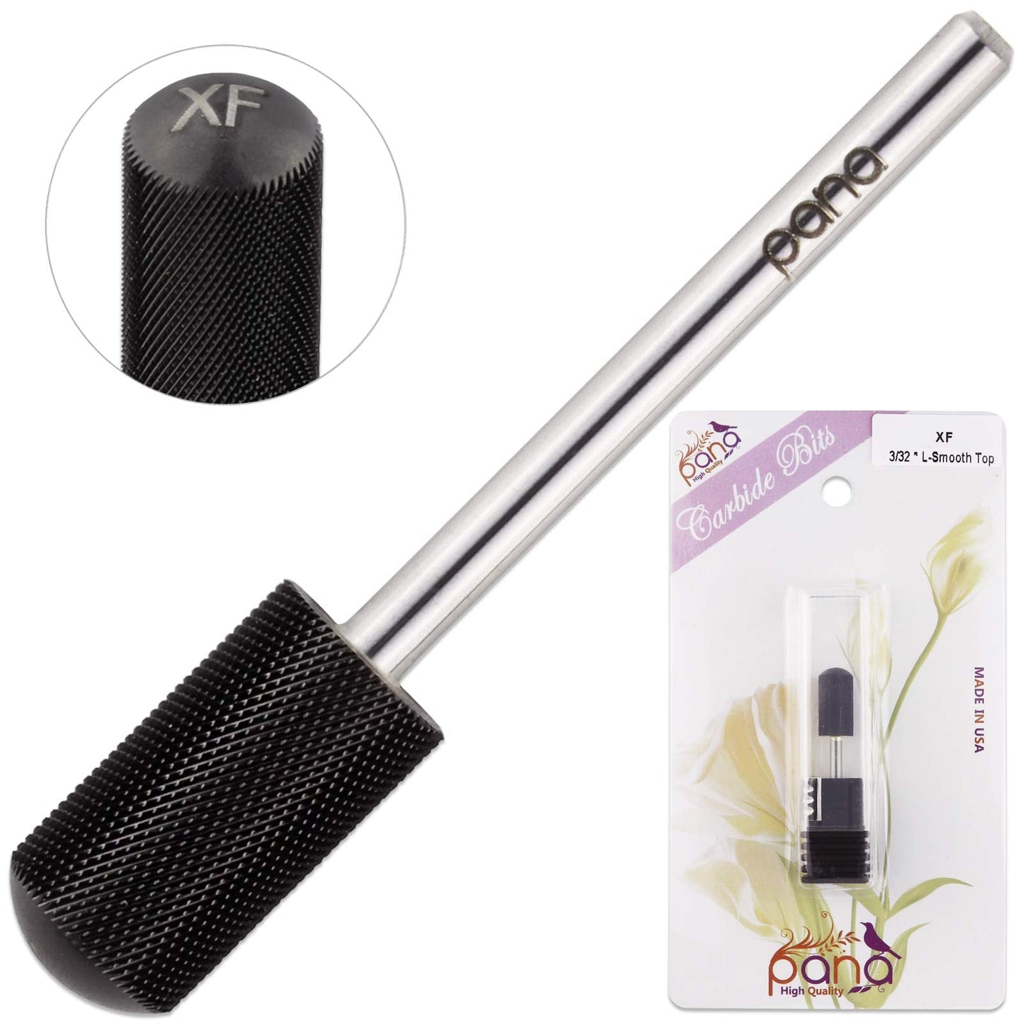 PANA 3/32" Large Smooth Round Top Safety Carbide Nail Drill Bit for Gel Polish & Acrylic Removal Nail Salon Manicure Pedicure Electric File Tools (Large Barrel - DLC Black, Extra Fine)