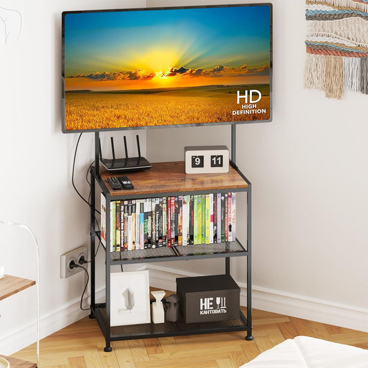 23 Inch to 50 Inch Floor Small Corner TV Stand with Storage Shelves for Living Room Bedroom, Universal Floor Television Stands with Mount, Brown TV Table Desk Shelf for Small Spaces,Patent Pending